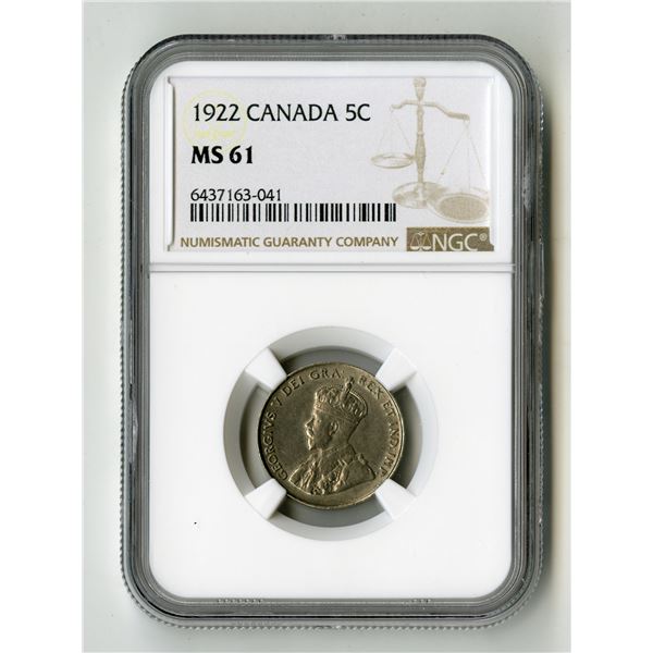 Canada: KGV 5 Cents. 1922, KM-29, NGC Graded MS 61.