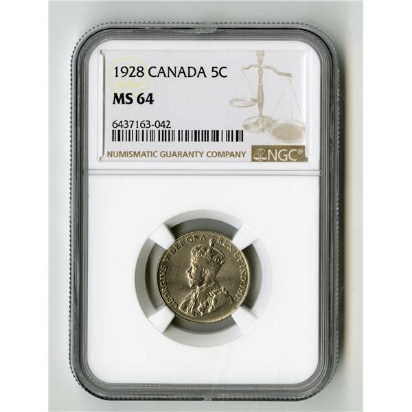 Canada: KGV 5 Cents. 1928, KM-29, NGC Graded MS 64.