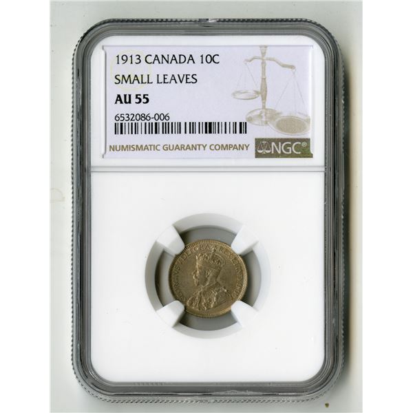 Canada: 1913. 10 Cents, 1913; KM-3, Royal Canadian Mint. NGC Graded AU 55.