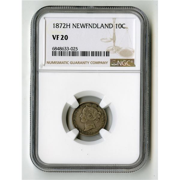 Canada: Newfoundland. 10 Cents, 1872H; KM-3, Heaton Mint. NGC Graded VF 20.