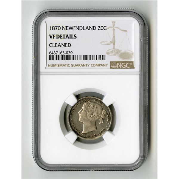 Canada: Newfoundland. Queen Victoria 20 Cents. 1870, KM-4, NGC Graded VF Details