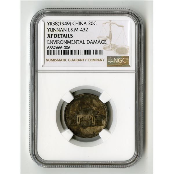 China: Yunnan. 20 Cents, Year 38 (1949), L&M-432. NGC Graded XF Details.