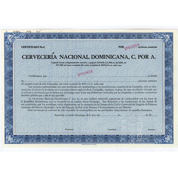 Cerveceria Nacional Dominicana, C. Por A., 1985 Specimen Stock Certificate