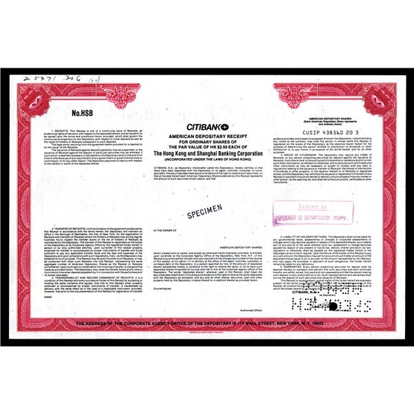 Hong Kong and Shanghai Banking Corp. ca. 1990s Specimen ADR Stock Certificate