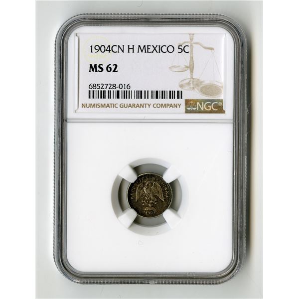 Mexico. 5 Centavos, 1904CN H, KM-400, Casa de Moneda de Culiacan. NGC Graded MS 62.