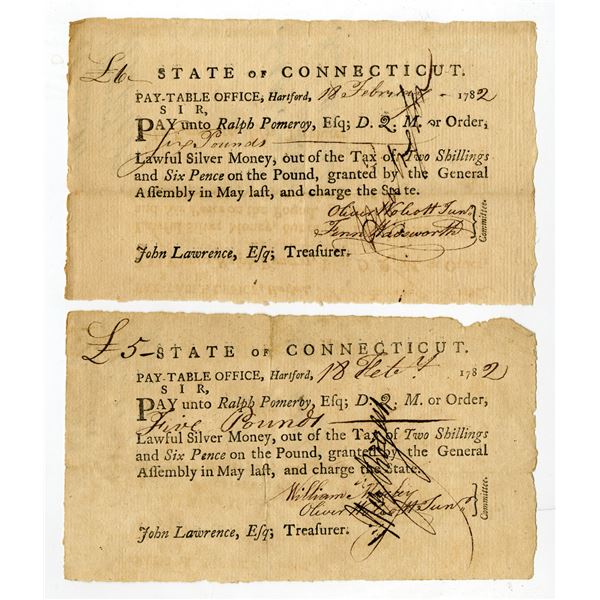 State of Connecticut, 1782 Pay-Table Office, Lot of 2 Tax Warrants   Payable in Lawful Silver Money 