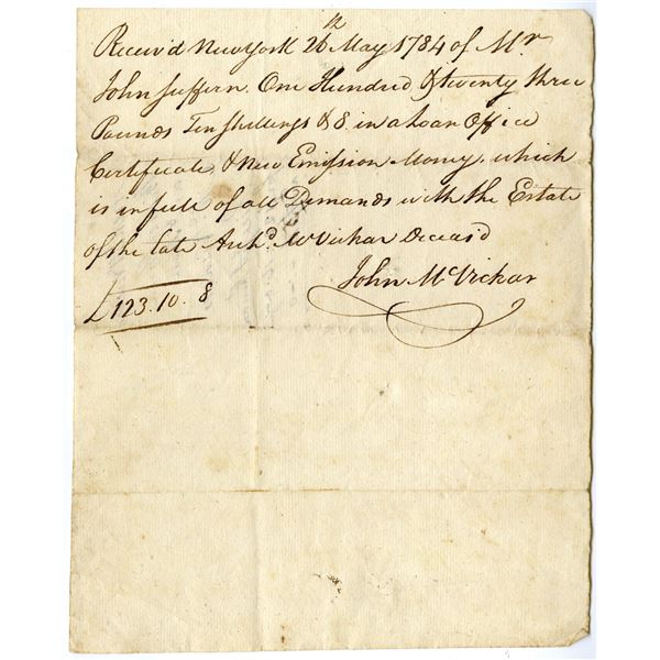 Colonial New York, 1784, Handwritten Receipt Mentioning John Suffern and New Emission Money