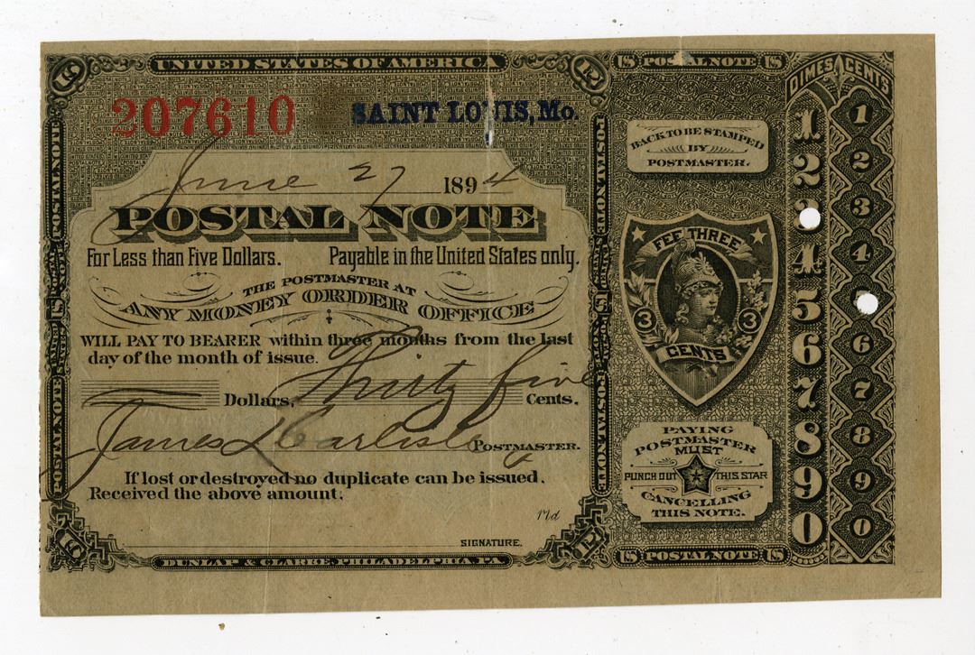U.S. Postal Note, Saint Louis, Missouri, June 27, 1894, Type V, I/U ...