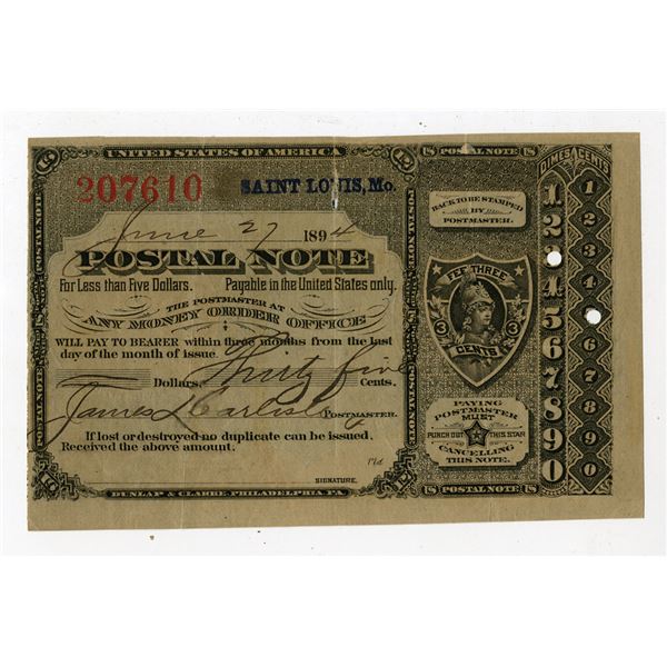 U.S. Postal Note, Saint Louis, Missouri, June 27, 1894, Type V, I/U Postal Note.