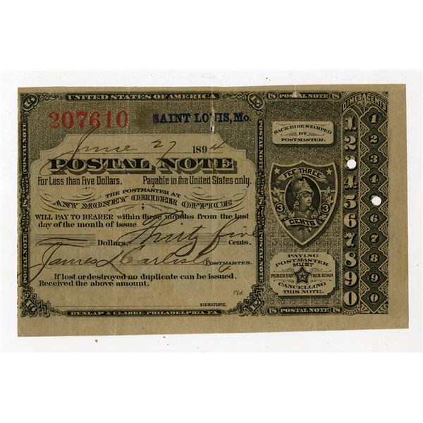 U.S. Postal Note, Saint Louis, Missouri, June 27, 1894, Type V, I/U ...
