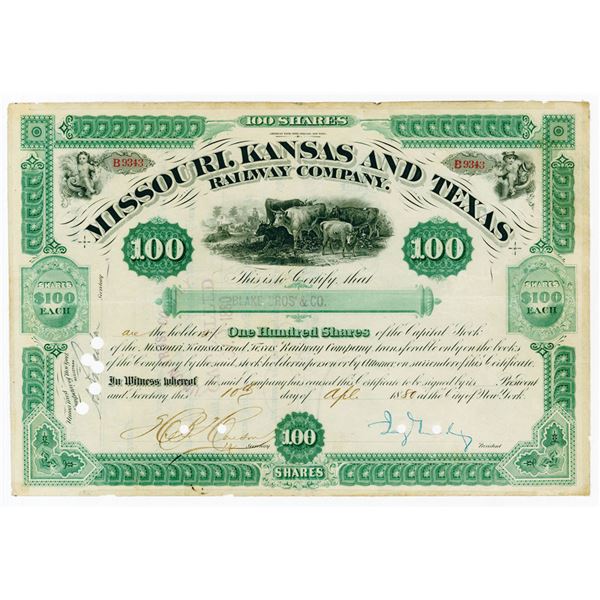 Jay Gould Signed Missouri, Kansas and Texas Railway Co., I/C Stock Certificate dated 1880.