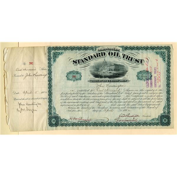 Standard Oil Trust 1882 Stock Certificate Signed by J.D. Rockefeller and William Payne.