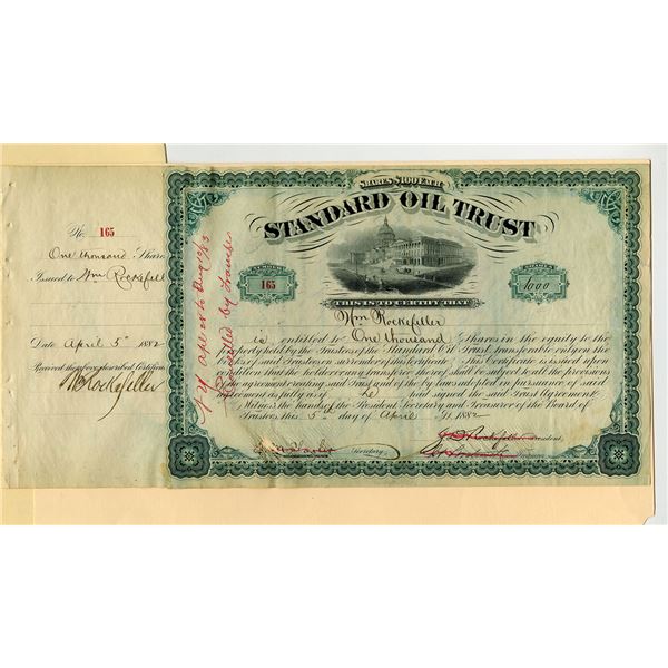 Standard Oil Trust 1882 Stock Certificate Signed by J.D. Rockefeller and William Rockefeller.