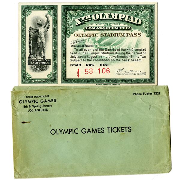 Los Angeles, 1932 Xth Olympiad Stadium Pass with Envelope