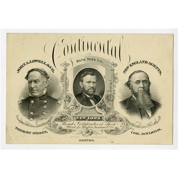 Continental Bank Note Co. Advertising Card, ca.1860-70s With Portraits of D.G. Farragut, U.S. Grant,