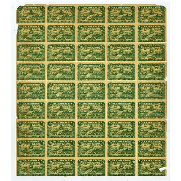 Alabama Tax Stamps, Uncut Sheet of 45  Mint, Gummed and Unhinged Revenue Stamps, ND (ca.1920-30s)