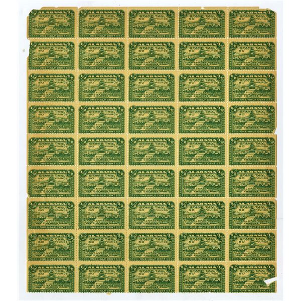 Alabama Tax Stamps, Uncut Sheet of 45  Mint, Gummed and Unhinged Revenue Stamps, ND (ca.1920-30s)