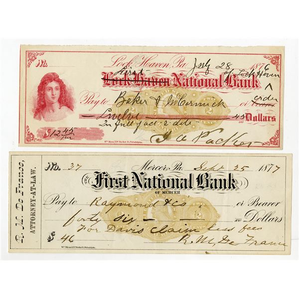 First National Bank, Lot of 2f I/C Checks with Rare Imprinted Revenues RN-K11, 1876-77