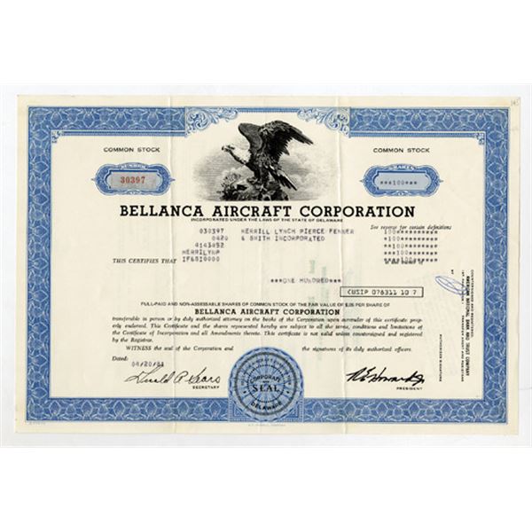 Bellanca Aircraft Corp., 1981, Issued Stock Certificate