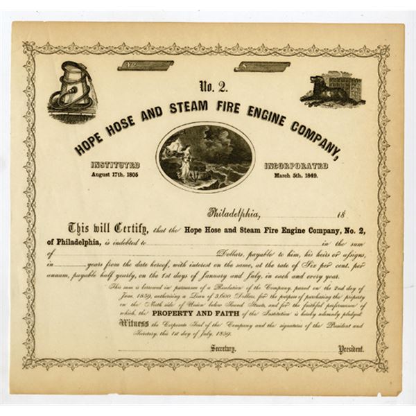 Hope Hose and Steam Fire Engine Co. No. 2, 1859, Unissued Bond