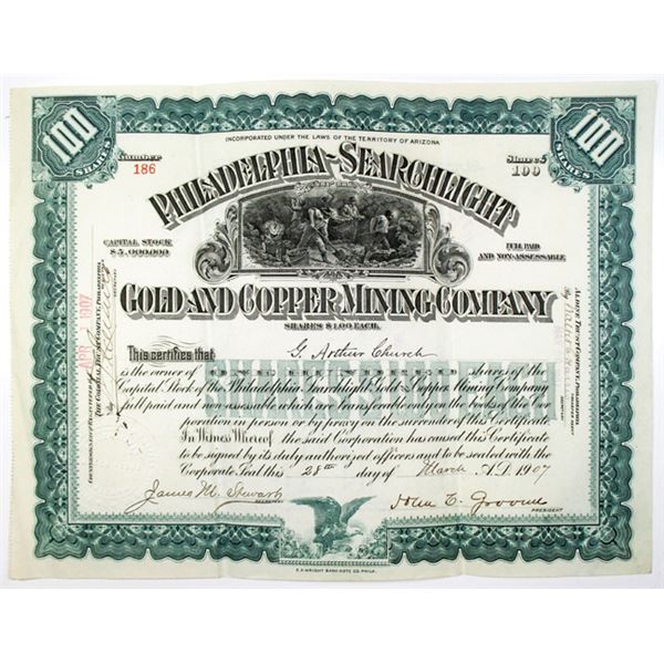 Philadelphia Searchlight Gold and Copper Mining Co. 1907 Issued Stock Certificate