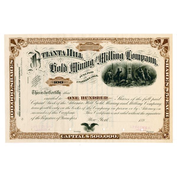 Atlanta Hill Gold Mining and Milling Co., 1880's (ca.1881-1888) Specimen Stock Certificate.