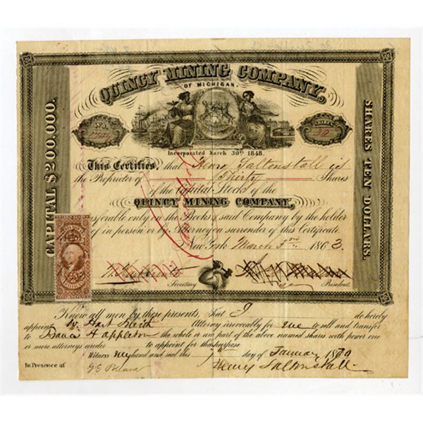 Quincy Mining Co., 1863, I/C Stock Certificate