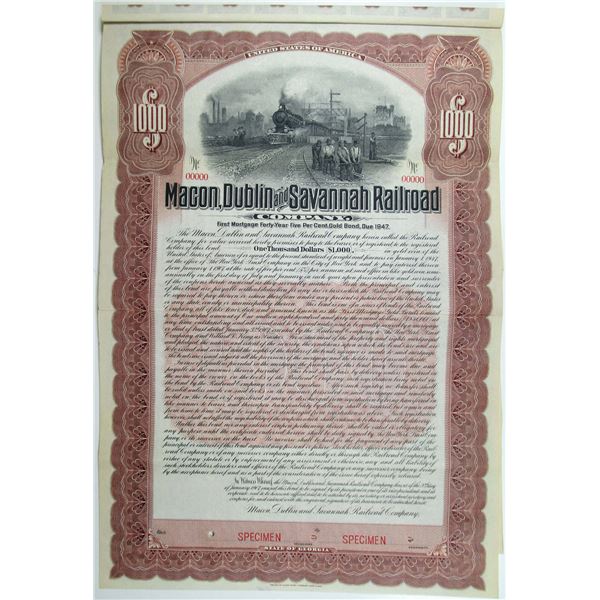 Macon, Dublin and Savannah Railroad Co. 1907 Specimen Bond Rarity.