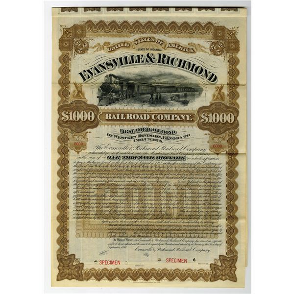 Evansville & Richmond Railroad Co. Western Division - Elnora to Columbus, 1888 Specimen Bond