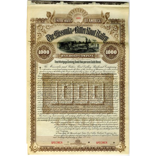 Missoula and Bitter Root Valley Railroad Co., 1887 Specimen Bond Rarity