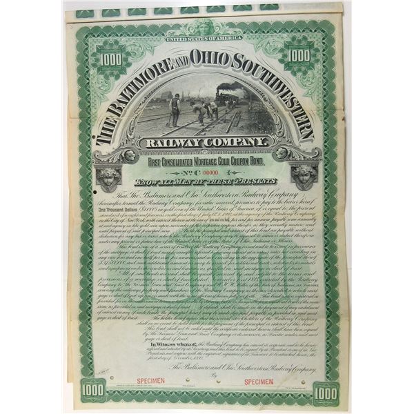 Baltimore and Ohio Southwestern Railway Co., 1893 Specimen Bond Rarity.