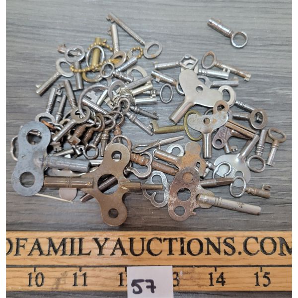 LOT OF 60 - KEYS FOR JEWELERY & DOCUMENT BOXES, WIND UP TOYS,  WATCHES, CLOCKS & PIANOS