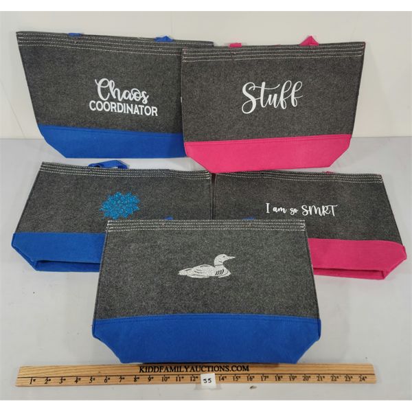 LOT OF 5 - FABRIC TOTE BAGS W/ DESIGN