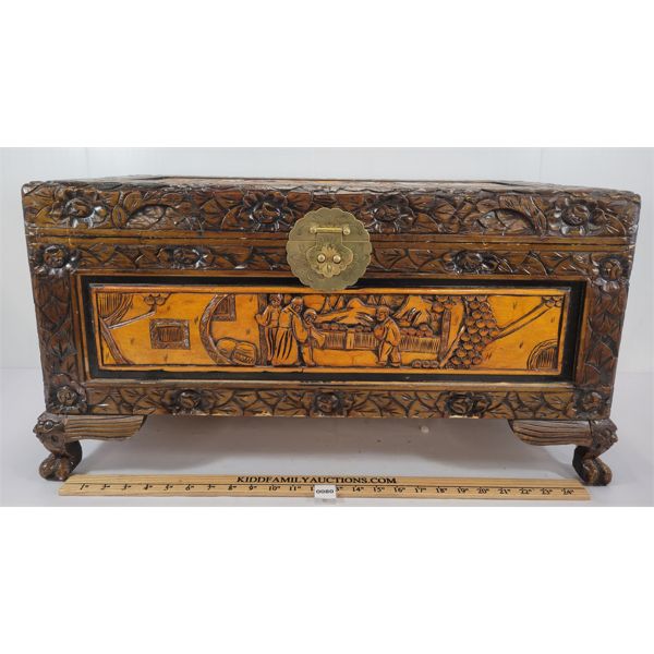CARVED ORIENTAL CAMPHOR CHEST W/ KEYS