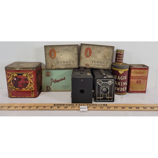 LOT OF 9 - KODAK BOX CAMERAS AND TINS - INCL PLAYERS TOBACCO