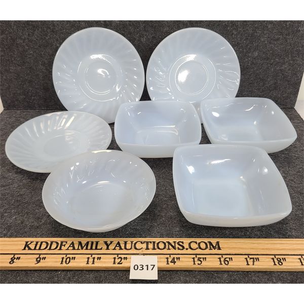 LOT OF 7 - BLUE SWIRL FIRE KING BOWL & PLATES & MISC SQUARE SAUCERS