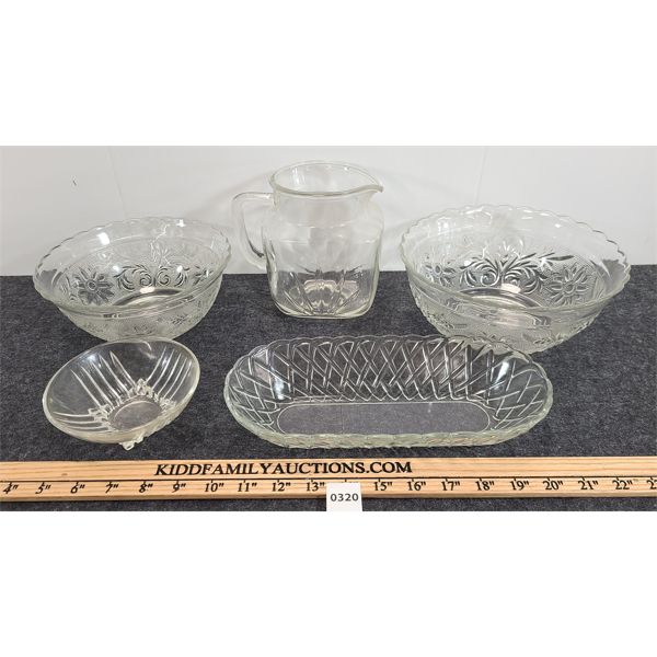 LOT OF 5 - SQUARE MILK PITCHER, INDIANA GLASS (?) PRETZEL DISH , ANCHOR HOCKING (?) BOWLS, ETC. 