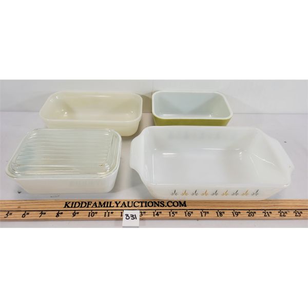 LOT OF 4 - PYREX & FIRE KING BUTTER DISHES & LOAF PAN