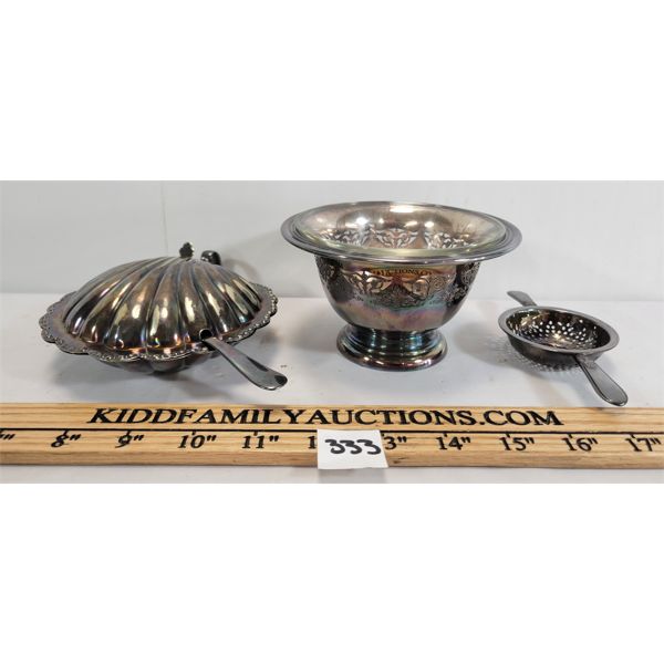LOT OF 3 - SP SEAFOOD DISH W/ GLASS INSERTS & TEA STRAINER 