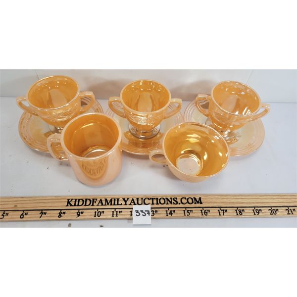 LOT OF 8 - FIRE KING PEACH LUSTRE MUGS, SAUCERS, & MISC MUG - SEE ALL PICS