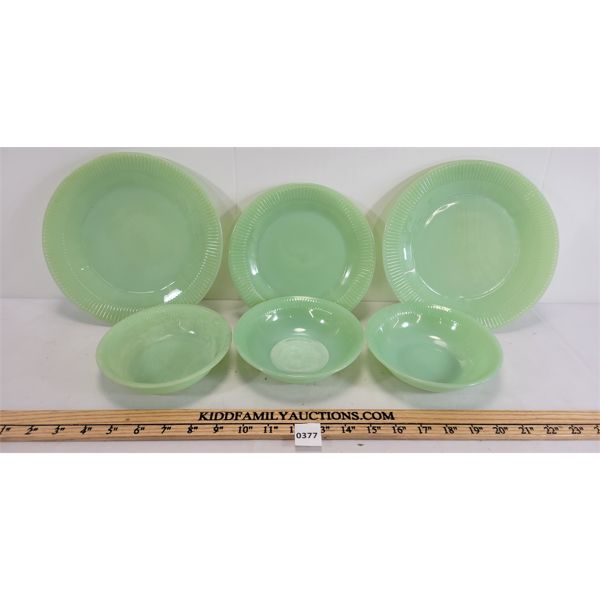 LOT OF 6 - FIRE KING JADEITE BOWLS, DINNER & SIDE PLATES - SEE ALL PICS