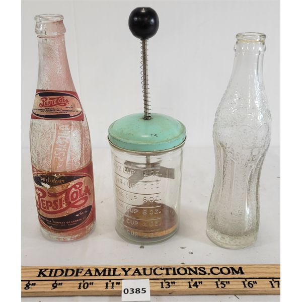 LOT OF 3 - GLASS SODA BOTTLES & CHOPPING MEASURING CUP