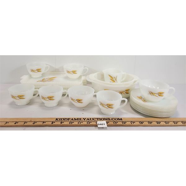 LOT OF 21 - FIRE KING WHEAT MILK GLASS TEA SET W/ HORS D'OEUVRES PLATES