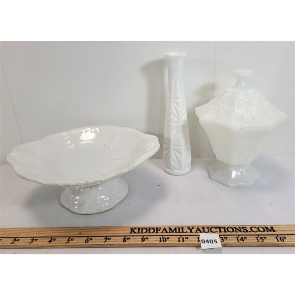 LOT OF 3 - MILK GLASS CANDY DISH - CAKE TRAY - VASE 