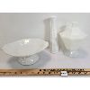Image 1 : LOT OF 3 - MILK GLASS CANDY DISH - CAKE TRAY - VASE 