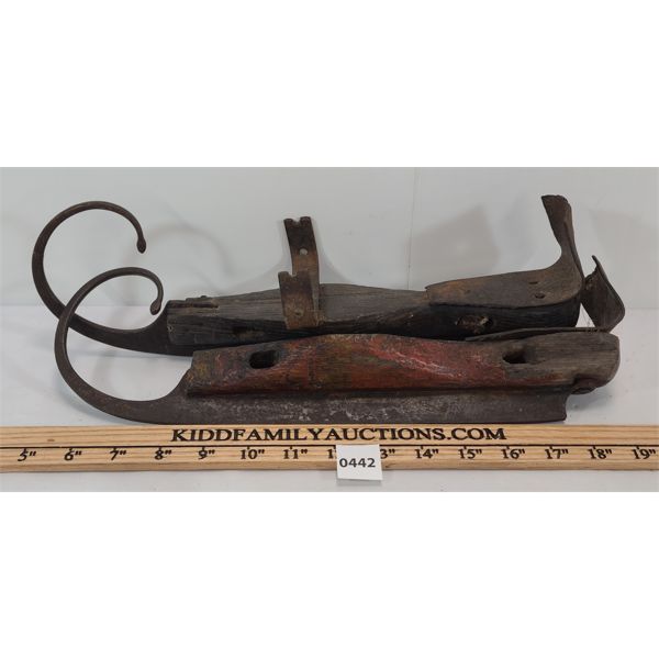 LOT OF 2 - CIRCA 1850'S EARLY AMERICAN WOODEN & METAL ICE SKATES - HAND FORGED