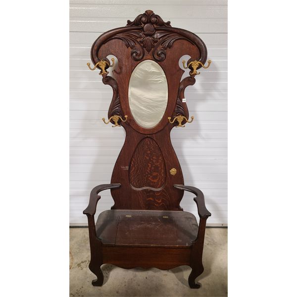 CARVED OAK HALL SEAT W/ MIRROR & STORAGE
