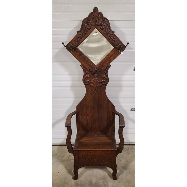 TIGER OAK CARVED HALL SEAT W/ MIRROR & STORAGE