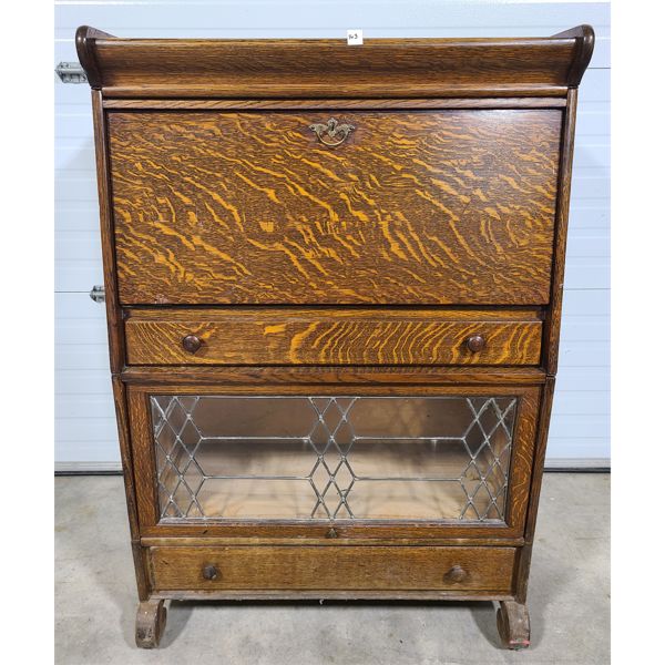 TWO PIECE TIGER OAK BARRISTER STYLE WRITING DESK W/ LEADED GLASS