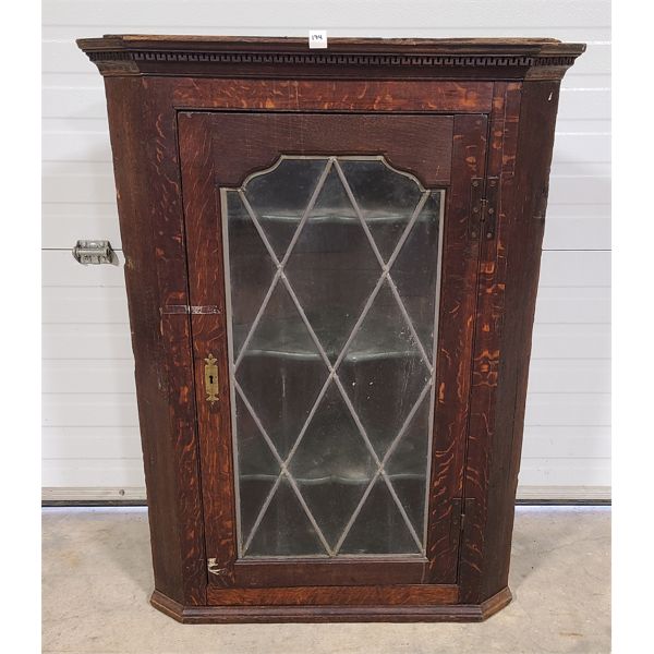QUEBEC CORNER HANGING CUPBOARD W/ LEADED GLASS FRONT